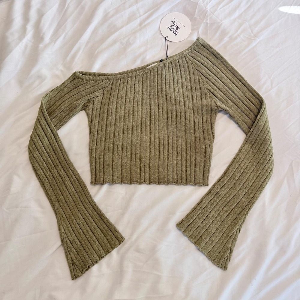 Princess Polly Santorini Knit Crop Top Olive Green Khaki US 4 NEW